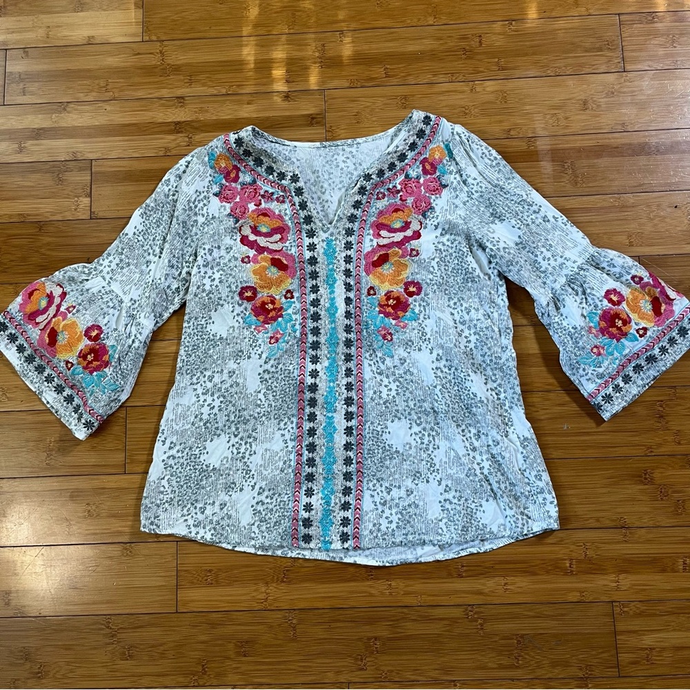 Savanna Jane Multicolor Floral Embroidered Rayon Bell Sleeve Blouse - Picture 2 of 9